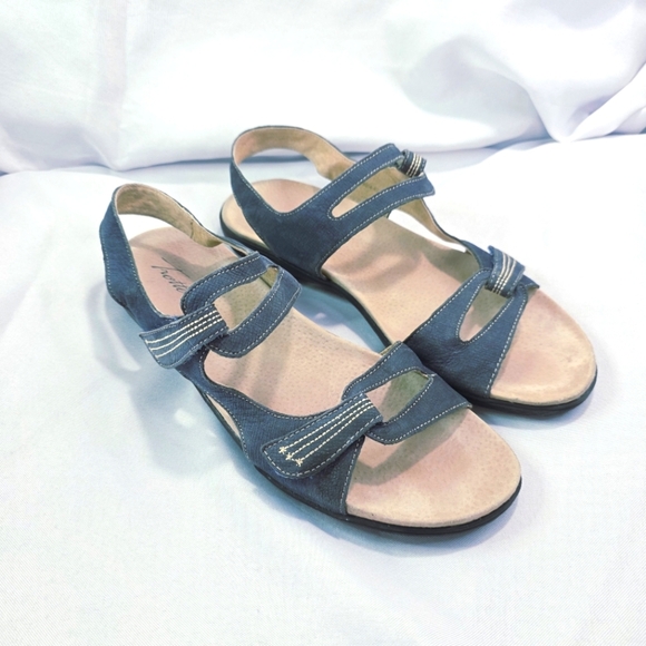 Trotters Katarina Blue Leather Strappy Sandals Adjustable Womens 9.5 NARROW - Picture 1 of 9
